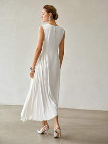 MOTF PREMIUM SPRING/SUMMER ASYMMETRIC HEM PLEATED ELEGANT CUT-OUT DRESS - Beige - View 6