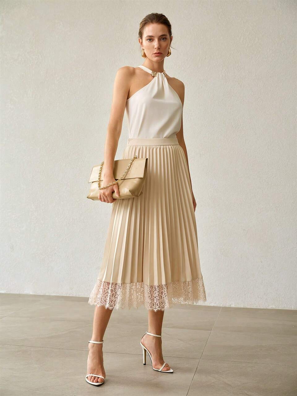 WOMEN'S AUTUMN PLEATED CONTRAST LACE SKIRT TEACHERS' DAY GARDEN PARTY ORANGE ELEGANT