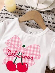 LMoss Kids Young Girl Summer Casual Sweet Cute Plaid Bow Cherry Letter Print Short Sleeve T-Shirt And Multi-Layer Ruffle Skort Set - Multicolor - View 3