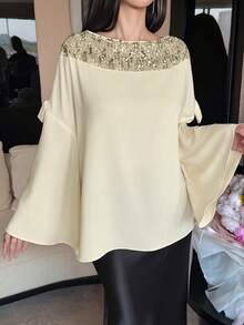 DAZY Autumn White Sequin Blouse Women Niche Design High-End Elegant Modest Beaded Mesh Patchwork Cape Top Birthday Mother Of The Bride Wedding - Apricot - View 5