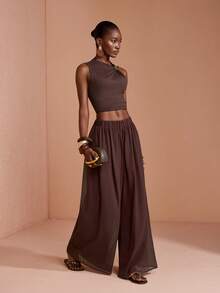 JIAN LASALA Elastic Waist Wide-Leg Floor-Length Oversized Casual Woven Pants Daily Vacation Dark Brown Summer - Coffee Brown - View 1