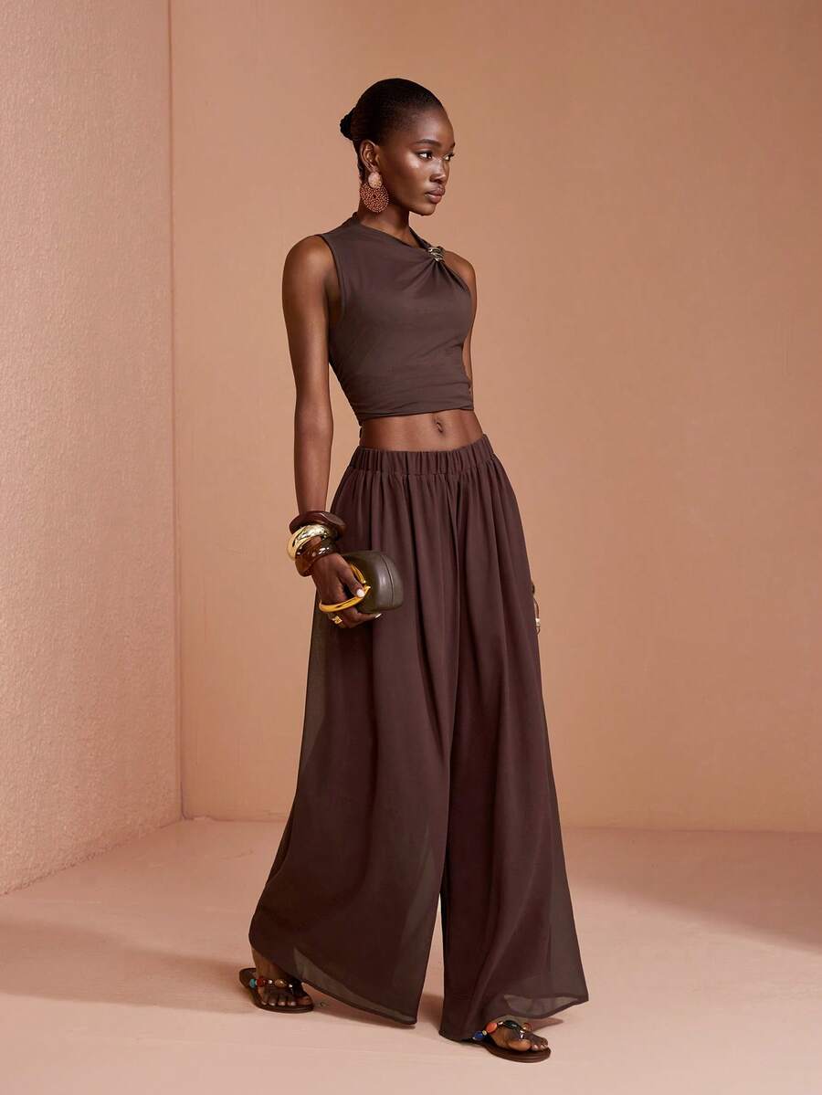 JIAN LASALA Elastic Waist Wide-Leg Floor-Length Oversized Casual Woven Pants Daily Vacation Dark Brown Summer - Coffee Brown - View 1