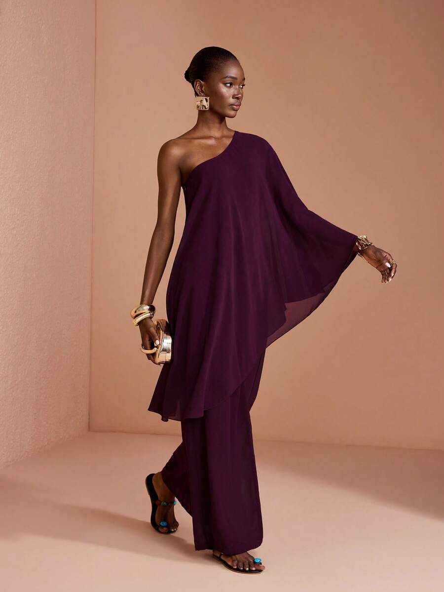 JIAN LASALA Women Chiffon Boho Asymmetrical Neck Long Sleeve Wide Leg Jumpsuit - Chocolate Brown - View 1