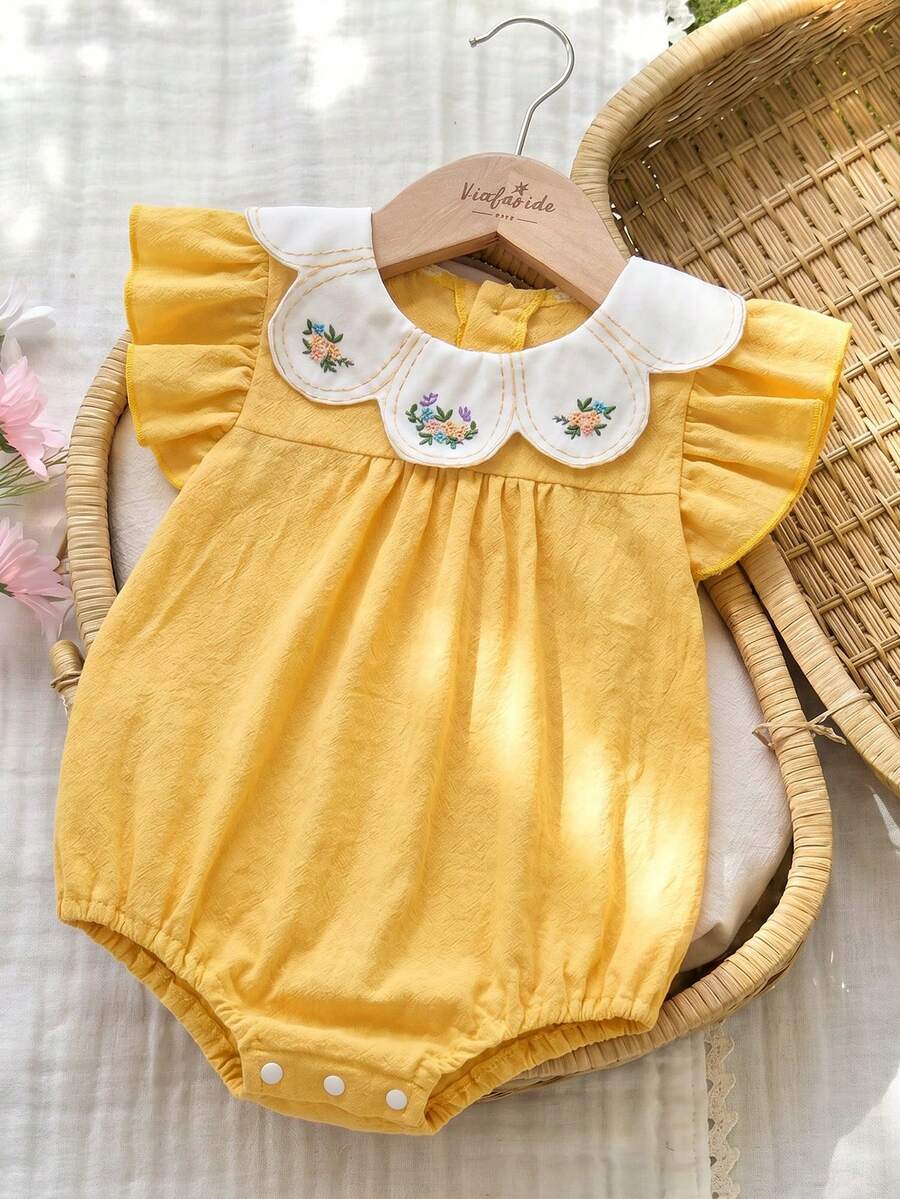 Vintaside Kids 女嬰春夏純杏色連身衣,領口櫻桃刺繡裝飾,甜美簡約風,舒適貼身,適合日常外出、休閒穿著與輕鬆聚會 - 橘色 - 查看 1