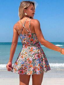 Swim Lushoire Women's Summer Beach Outfits Floral Print Drawstring Criss-Cross Strap V-Neck Pleated Skort Sexy Boho Vacation Swim Skirt Beige - Multicolor - View 3