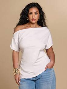 SHEIN BAE CURVE 大尺碼女款白色不對稱下擺不對稱領口T恤 - 白色 - 查看 6