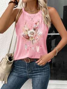 SHEIN LUNE Women Casual Floral, Feather & Heart Pattern Tank Top, Suitable For Summer,Casual - Pink - View 4
