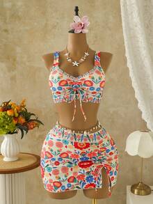 Swim Lushoire Set Pakaian Renang Musim Panas Terbaru dengan Atasan Tankini Berkerut dan Rok Mini Motif Bunga, Set Bikini Konservatif Gaya Boho untuk Liburan Pantai Warna Beige - MultiWarna - View 5