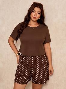 Elaquor Women's Plus Size Solid Color Round Neck Top And Geometric Pattern Shorts Set - Coffee Brown - View 3