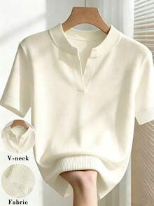SHEIN 女款春夏休閒日常通勤百搭缺口V領標準肩短袖純色薄款修身白色針織上衣，休閒，夏季度假 - 白色 - 查看 3