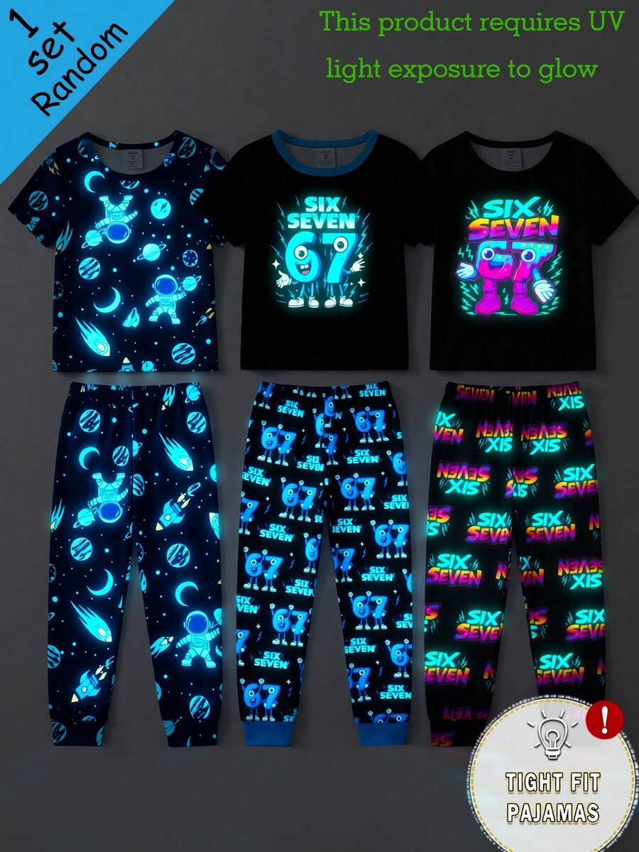 [Randomly Shipped 1 Set]Young Boys Pajamas Spring/Summer New Glow-In-The-Dark Hot-Selling Elements Universe, Rocket, Astronaut, Fun Digital Human 67 Combination Pattern Print, Knitted Tight Fit High Elastic Fabric Short Sleeve Long Pants Pajama 2-Piece Set Tight Fit Pajama (Randomly Shipped) 1 Set Will Be Shipped At Random - Multicolor - View 1