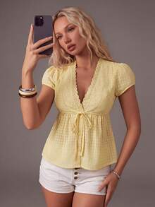 TRNVIE Women's Plaid Lace Patchwork Tie-Up Button Shirt Vacation Light Yellow Summer Cute Brunch Boho - Pale Yellow - View 3