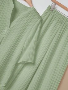 Rusticease Daily Casual Solid Color Shirt And Long Pants Set Vacation Sage Green Summer - Green - View 5