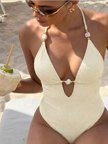 Bonvoyette Women's Summer Beach Vacation Textured Fabric Beaded Decor Halter Backless Sexy One-Piece Swimsuit - Apricot - View 6