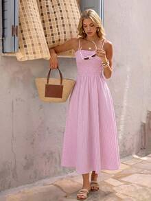 Vivid Eden Spring/Summer Women's Vacation Pink Woven Striped Sling Long Dress, Women Vacation Dress, Pink Striped Dress, Wedding Guest Dress Women,Date Night Dress,Casual Dresses For Women,Pink Dress,Cami Dress - Pink - View 7