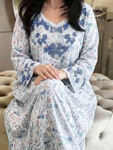 Al Najma Loose Fit White & Blue Butterfly Print Embellished Long Dress, Spring/Summer - Multicolor - View 4