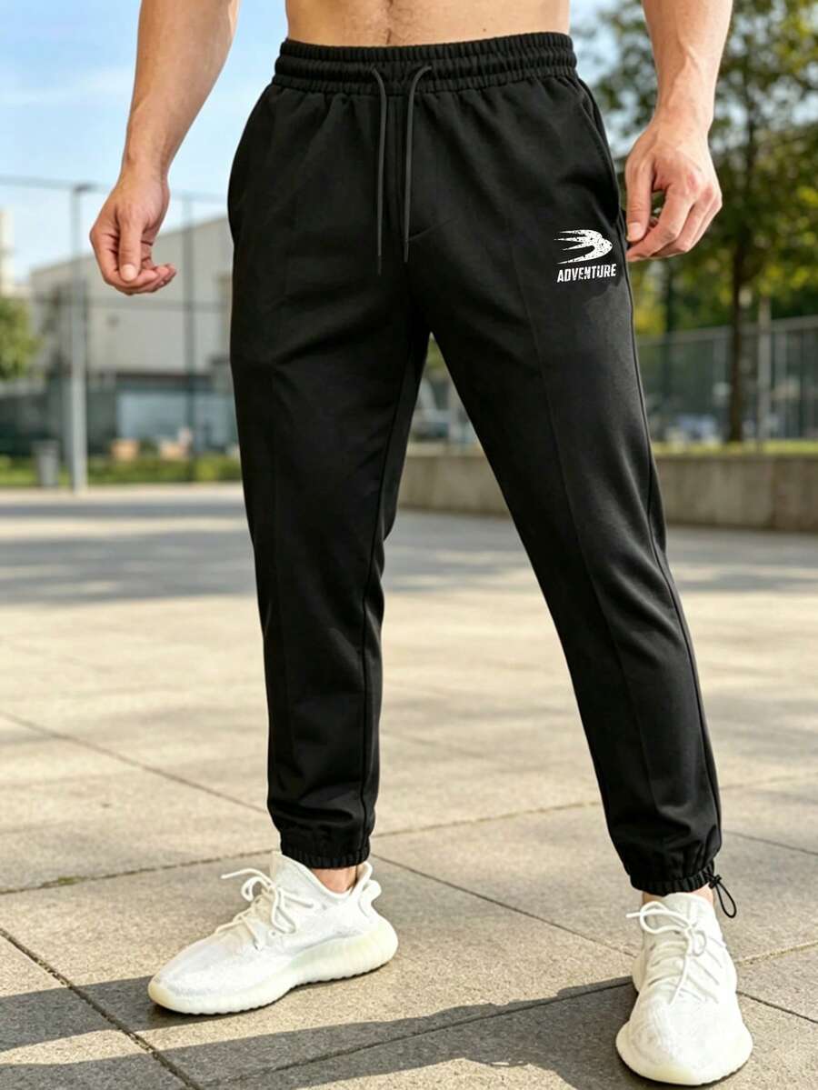 Coreblaze Men's Casual Daily Letter Pattern Drawstring Waist Sports Long Pants, Gym - Black - View 1