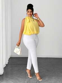 Maweii Plus Size Women Solid Color Pleated Casual Elegant Fashion Halter Neck Blouse Date Night Light Yellow Summer - Yellow - View 5