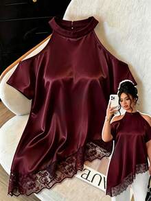Elenzga Plus Size Summer Fashion Casual Vacation French Vintage Elegant Commuter Lace Patchwork Off-Shoulder Blouse - Burgundy - View 1