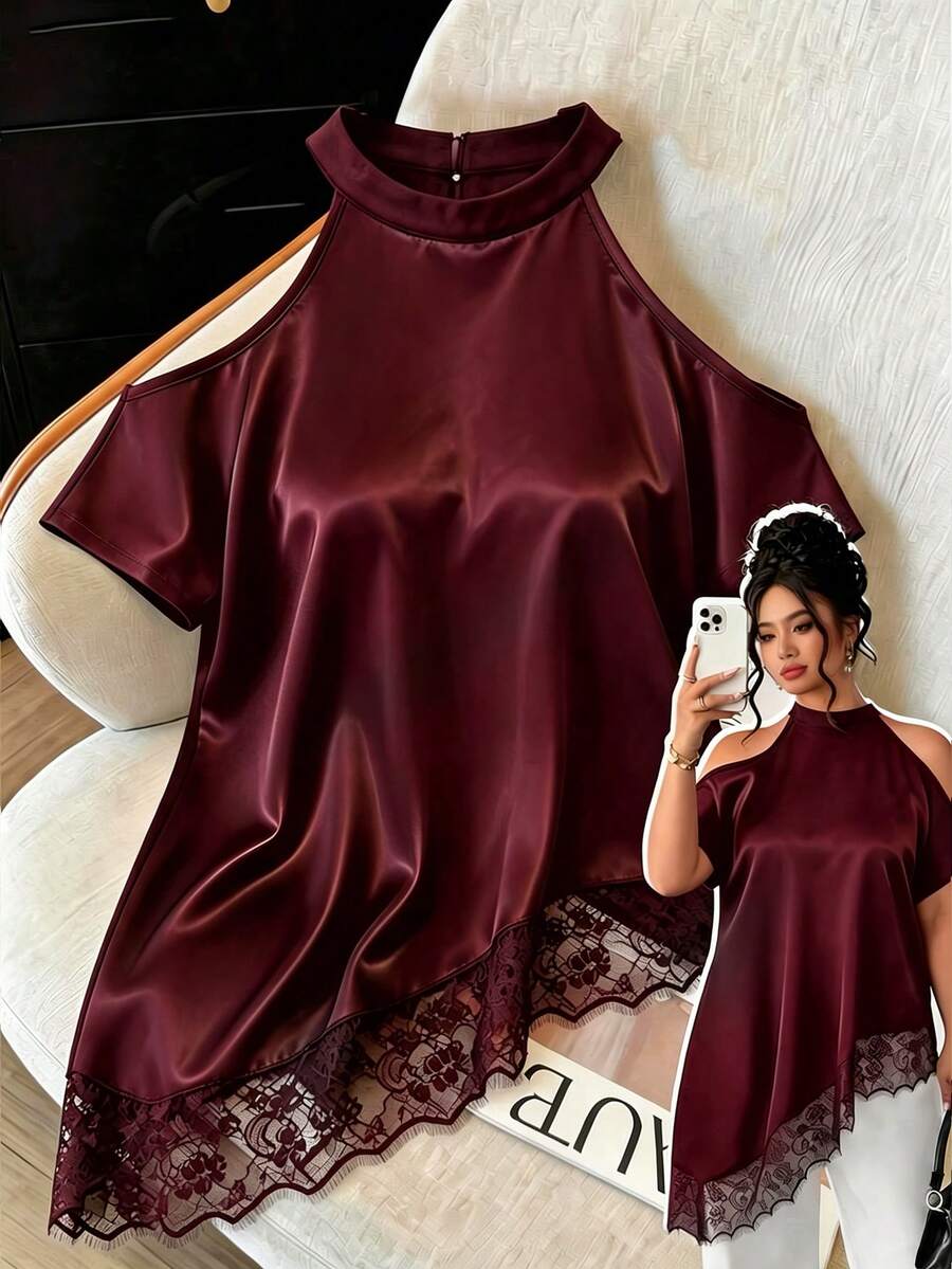 Elenzga Plus Size Summer Fashion Casual Vacation French Vintage Elegant Commuter Lace Patchwork Off-Shoulder Blouse - Burgundy - View 1