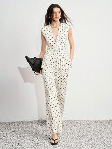 Aveloria Modichic Neues Damen-Set mit ärmelloser V-Ausschnitt-Jacke und Hose, weißes Basis-Set mit schwarzen Polka-Dots, ärmellose V-Ausschnitt-Jacke, Anzug mit selbstbindender Taille, gerade geschnittene Hose mit leichtem Flare, klassische Polka-Dots, retro-eleganter Stil, weicher glatter Stoff, Business-Formal-Kleidung, Frühlings-/Herbst-Saison-Set - Beige - Übersicht 6