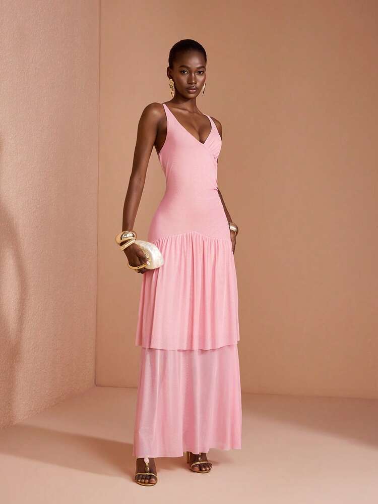 JIAN LASALA Soft Pink Mesh V Neck Double Layers Sleeveless Women