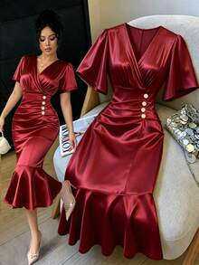 Elenzga Women's Overlap V-Neck Solid Color Short Sleeve Button Decor Fishtail Hem Dress - Burgundy - View 1