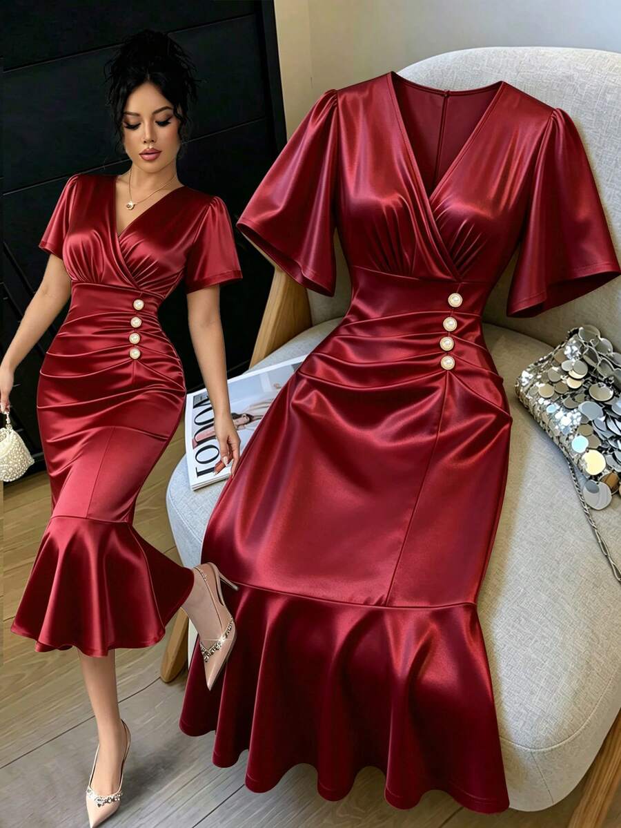 Elenzga Women's Overlap V-Neck Solid Color Short Sleeve Button Decor Fishtail Hem Dress - Burgundy - View 1