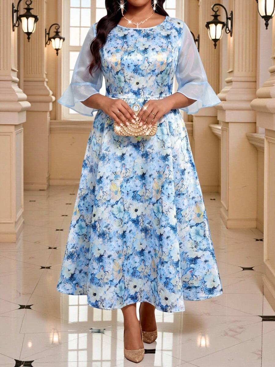 Fleurora Plus Size Women Floral Print Round Neck Mesh Flare Sleeve Elegant Dress Formal Wedding Guest Dresses For Festival Outfits Autumn Birthday White