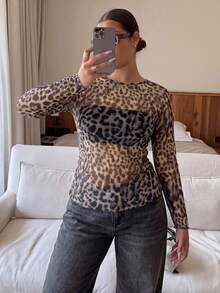 Dripcurv Plus Size Women's Leopard Print Casual Versatile Daily Wear Long Sleeve Top - Multicolor - View 6