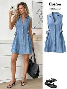 SHEIN LUNE Women's Lapel Single-Breasted Side Waist Tie Casual Sleeveless Denim Dress., Casual, Commuter, Date, Party, Elegant, Summer Outfits, Vacation, Holiday - Blue - View 2