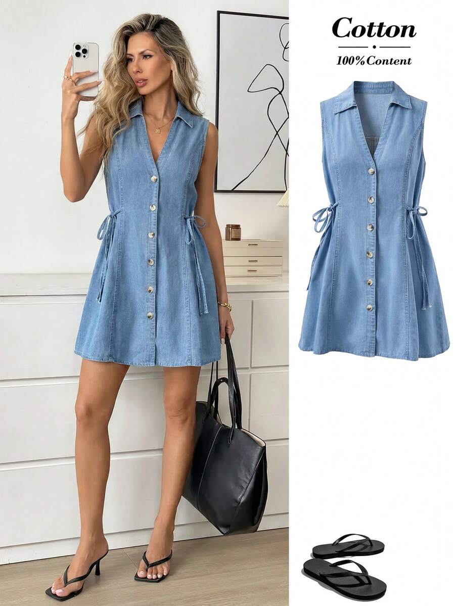 SHEIN LUNE Women's Lapel Single-Breasted Side Waist Tie Casual Sleeveless Denim Dress., Casual, Commuter, Date, Party, Elegant, Summer Outfits, Vacation, Holiday