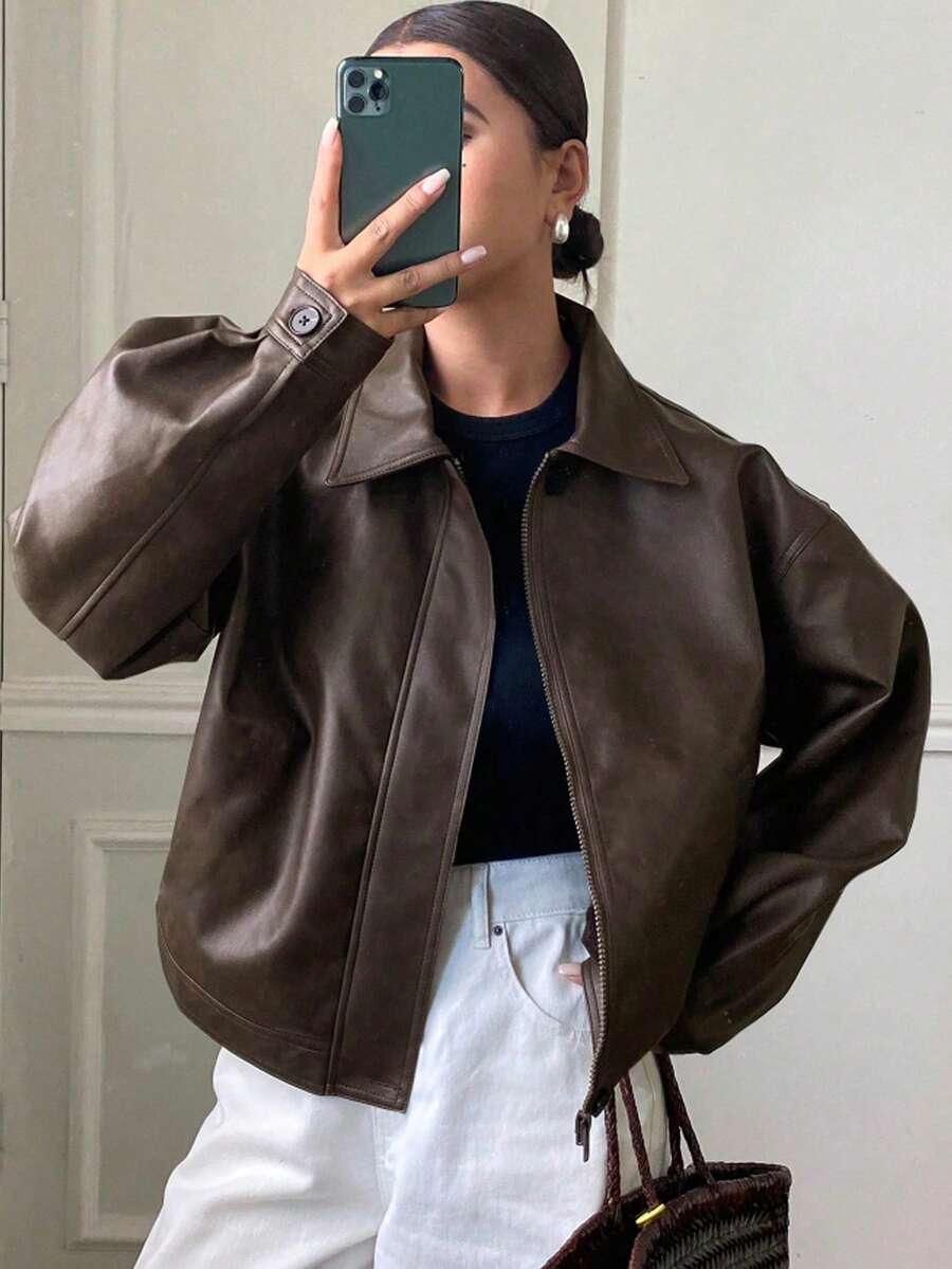 DAZY 秋冬新款女款寬鬆休閒加厚PU夾克外套,校園風常規款 - 棕色 - 查看 1