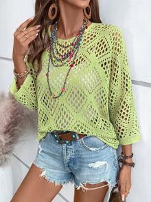 Breezaya Women's Vacation Fashion Versatile Diamond Hollow Knit Cover-Up Top - Lime Green - View 4