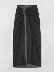 SHEIN Swim Curve 大尺碼女款透視熱帶半透明度假沙灘裙 黑色夏季性感 - 黑色 - 查看 3