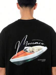 Camiseta de manga corta cuello redondo para hombre, estampado de barco y texto, corte holgado, estilo casual de verano, moda Monaco, cómoda y fresca, talles S-5XL - Negro - Ver 3