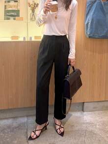 DAZY High Waist Plicated Detail Trousers - Black - View 13