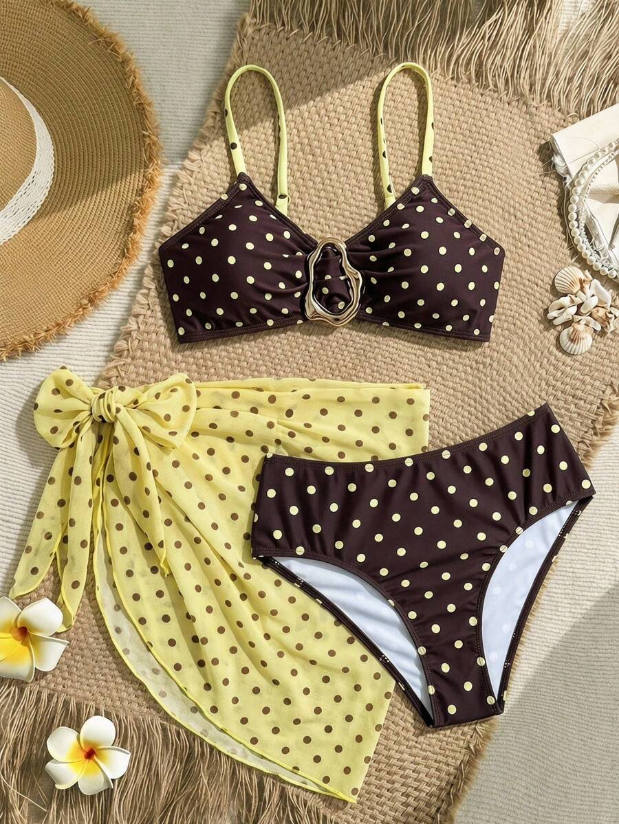SHEIN Bộ 3 món cho bé gái tuổi teen: Áo ngực và quần lót họa tiết chấm bi vintage khóa kim loại kèm áo khoác buộc dây và chân váy mini - Nhiều màu - Xem 1