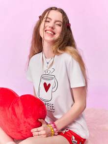 Provexi Provexi 女款大尺碼白色與紅色咖啡心形圖案短袖睡衣套裝，可愛日常居家休閒款 - 彩色 - 查看 7