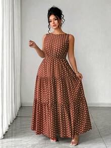 Long Flared Polka Dot Dress With Round Neck, Sleeveless And Fitted Waist, Elegant And Casual, For Women's Size, Navy Blue - 全穀類咖啡 - 查看 4