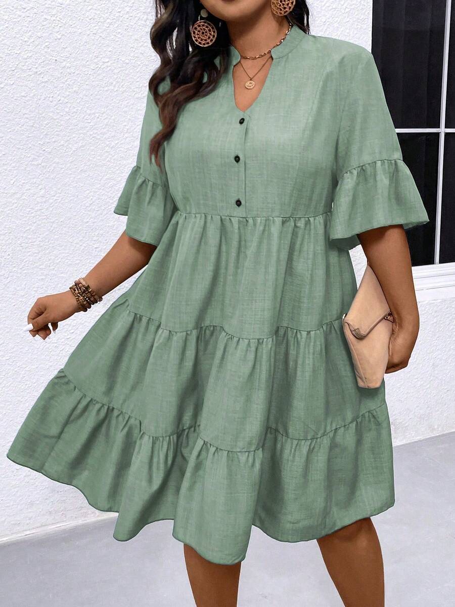 Linhara CURVE Vestido de talla grande para mujer de unicolor con cuello en V y dobladillo con volantes - Verde - Ver 1