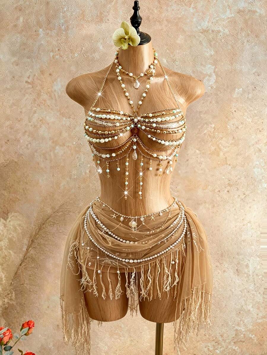 Mistrie 女款性感串珠背心上衣、女款海灘度假背心上衣、女款細肩帶背心上衣、女款水晶鏤空細肩帶背心上衣 - 綠色 - 查看 1