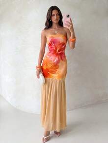 Modelyn Sexy Tropical Elegant Orange Batik Floral Print Bandeau Dress, Suitable For Girls, Summer Dress, Beach Vacation Dress, Beachwear, Party Dress - Orange - View 3