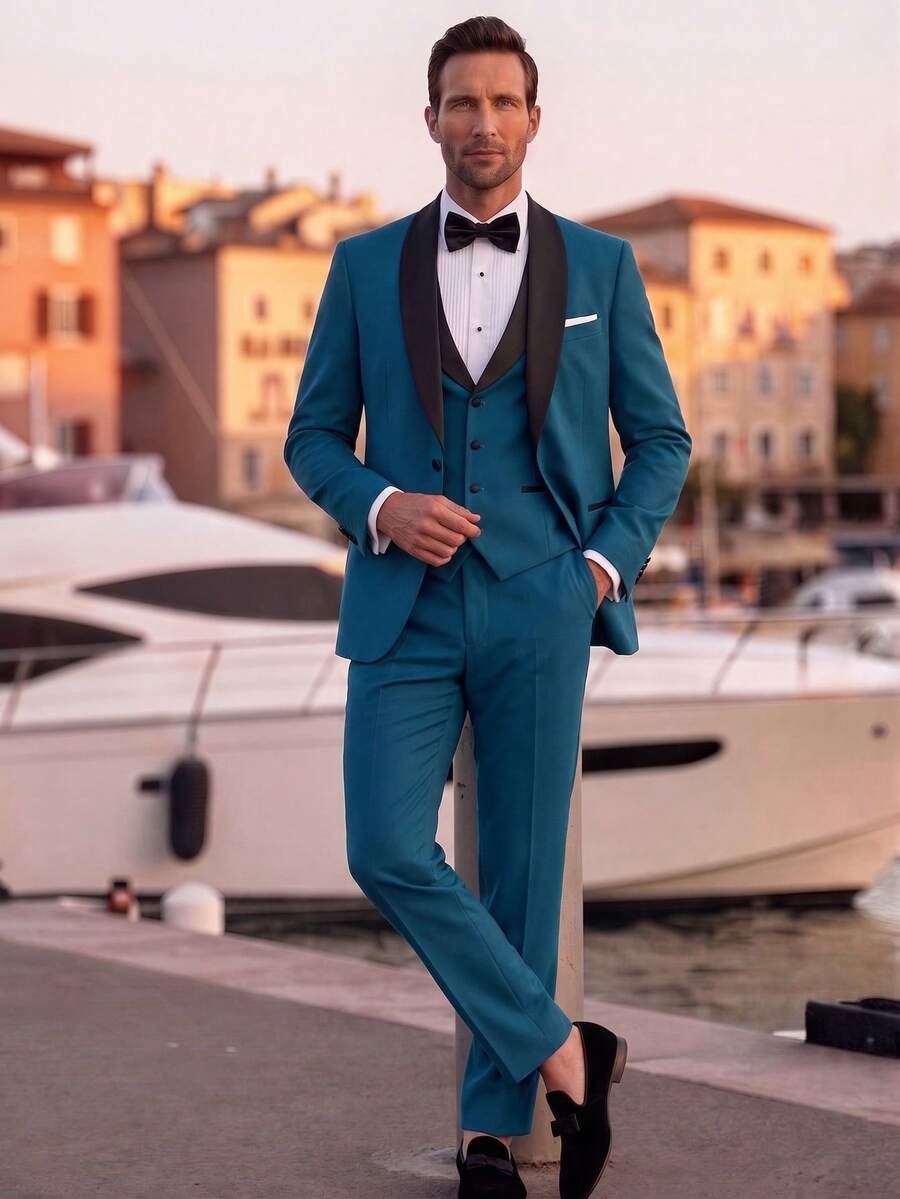 Officeau SuitGent 三件套男士高品质商务西装，撞色新郎婚礼礼服，修身休闲西装外套和裤子套装，春季礼服套装