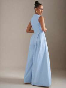 Hauture Extreme Wide Leg Zip Front Sleeveless Jumpsuit - Blue - View 4