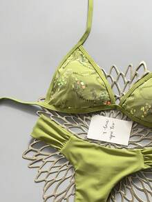 Swim Mod 夏季海灘女款 2 件組亮片刺繡面料三角繫帶上衣 & 抓皺比基尼泳褲泳衣套裝 - 綠色 - 查看 4