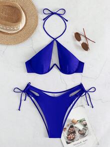 Swim SXY بيكيني بقصة مقطعة بتصميم ظهر عقدة متقاطعة بحمالة عنق وسلكة داخلية، بيكيني أزرق بحري - أزرق غامق - مشاهدة 6