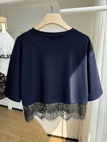 Comfortcana Deep Blue Short Sleeve Round Neck Lace Hem Loose Plus Size Women's T-Shirt - Navy Blue - View 2