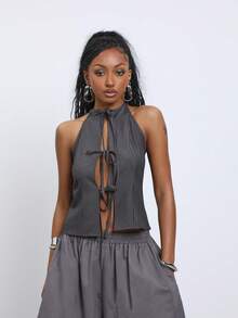 COUREZ Halter Pinstripe Tie Front Top /Y2K Sexy Rave Club Night Out Open Front Blouse Women's Summer Outfits Autumn Sleeveless Tops Light Grey - Dark Grey - View 4