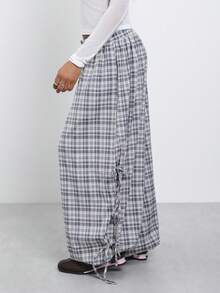 COUREZ Pantalones holgados tipo globo con detalle de lazos laterales en cuadros estilo Y2K 2000s disco 90s country otoño para mujer para salir uso diario fiesta en la piscina fiesta concierto - Gris - Ver 4